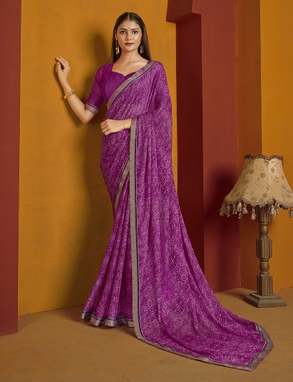 Purple printed zari lace chiffon saree