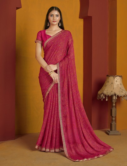 Magenta printed zari lace chiffon saree