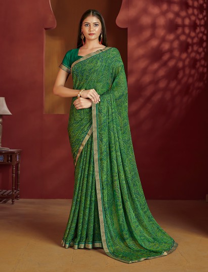 Green festive printed chiffon lace saree