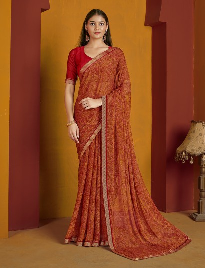 Maroon festive printed chiffon saree