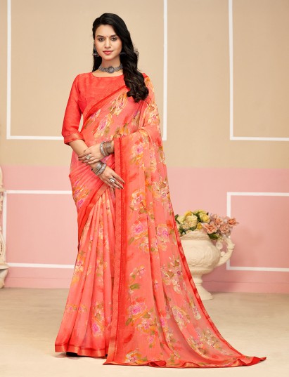 Peach digital printed chiffon saree