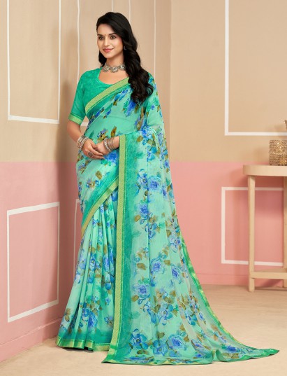 Green digital printed zari lace saree
