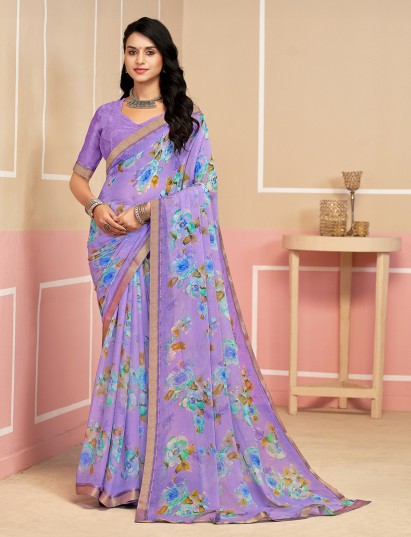 Purple digital printed festive chiffon saree
