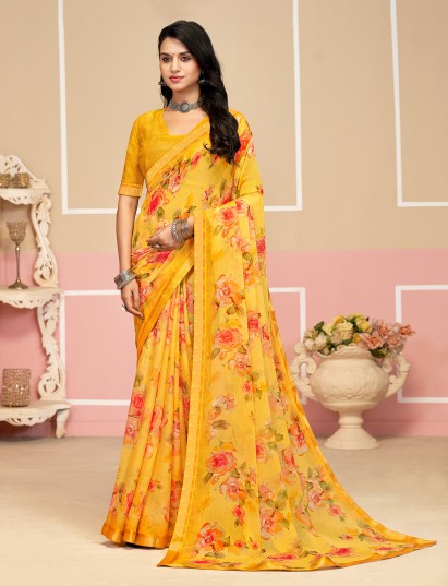 Yellow digital printed chiffon saree