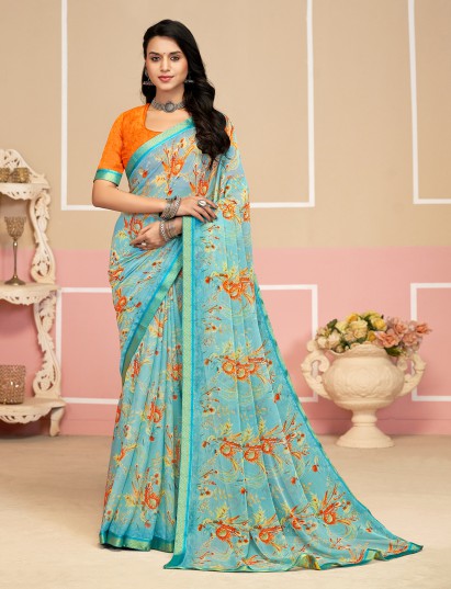 Blue chiffon saree with digital print