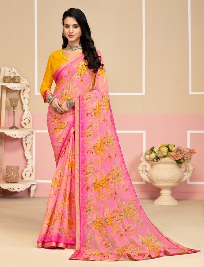 Pink digital printed festive chiffon saree