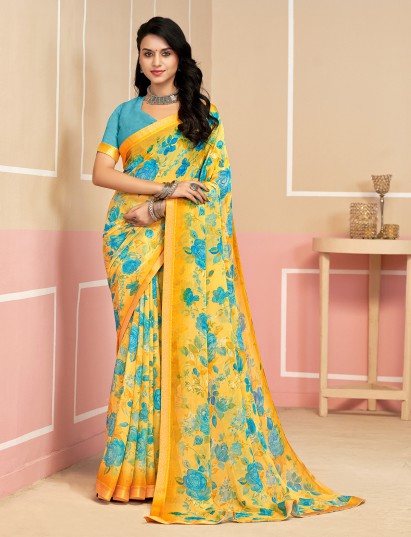 Yellow festive digital printed saree