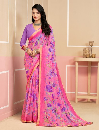 Pink digital printed chiffon saree