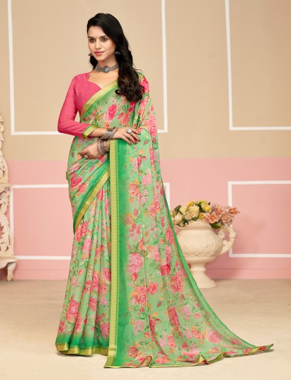 Green digital printed chiffon saree