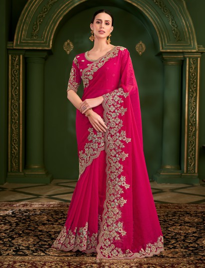 Magenta georgette embroidered work wedding saree