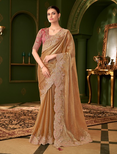 Gold satin chiffon silk embroidered saree