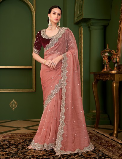 Peach tissue georgette silk cutdana work saree