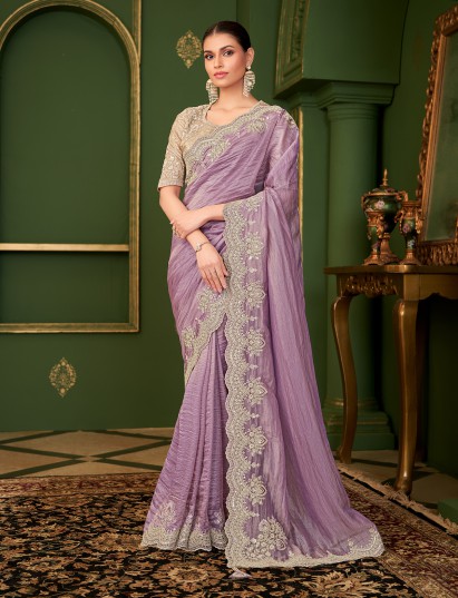 Lavender purple georgette silk cutdana work saree