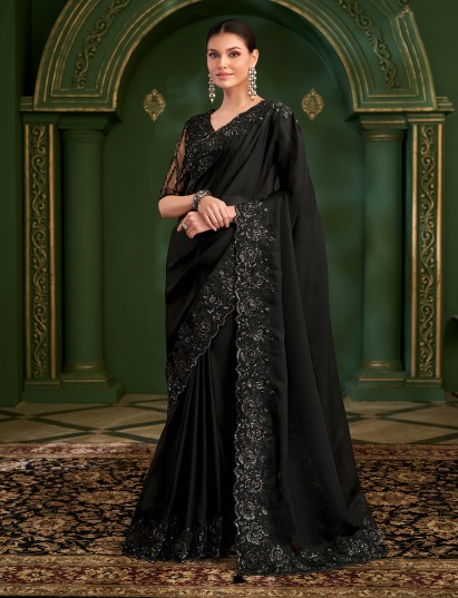 Black satin georgette silk embroidered work saree