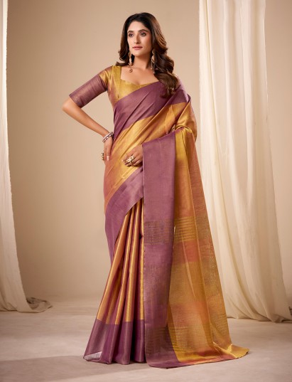 Regal gold and purple tissue saree