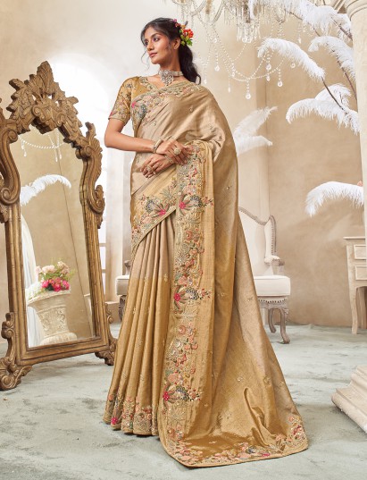 Beige shaded viscose silk saree with elegant embroidery