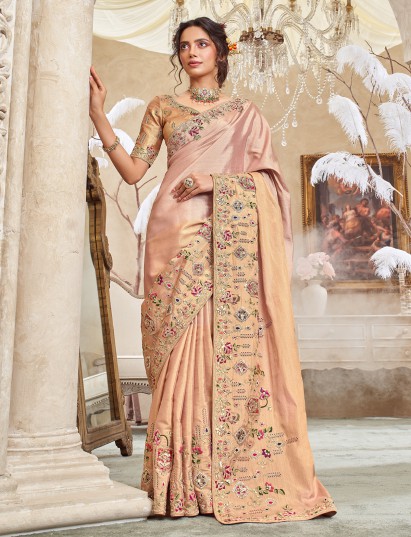 Peach shaded viscose silk saree for festive occasions