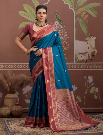 Peacock blue handloom zari tussar silk saree