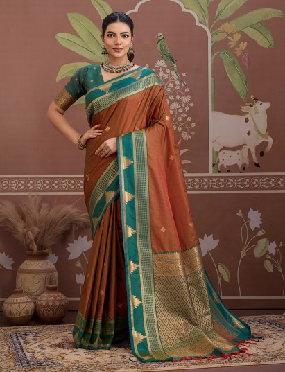 Rust brown handloom zari tussar festive saree