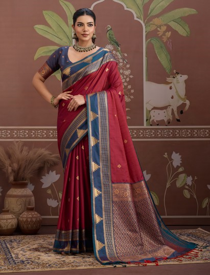 Maroon tussar silk saree with handloom zari