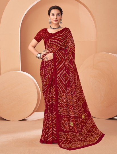 Maroon bandhani chiffon festive saree