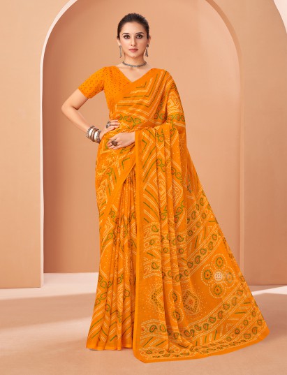 Mustard yellow saree with bandhani print