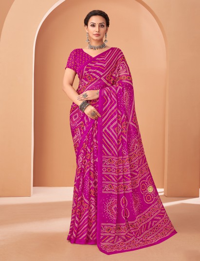 Pink bandhani chiffon saree with blouse