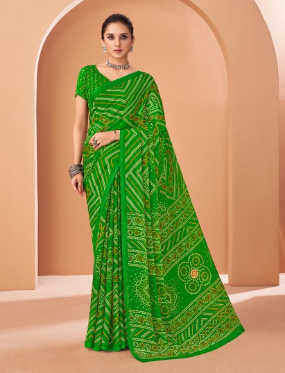 Green chiffon saree with bandhani print