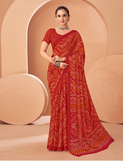 Red bandhani chiffon saree with blouse