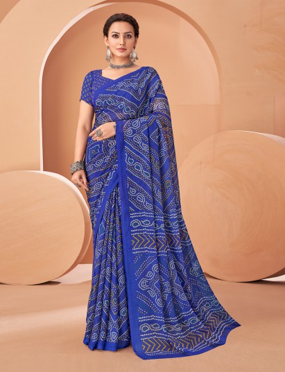 Blue chiffon saree with bandhani print