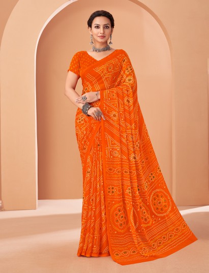 Orange bandhani chiffon saree with print