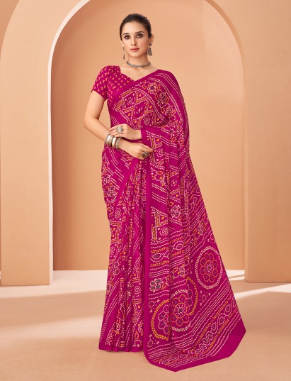 Magenta bandhani printed chiffon saree