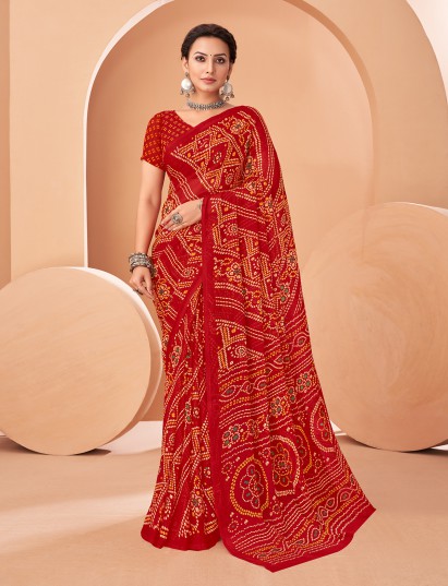 Red bandhani printed chiffon saree for festivals