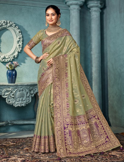 Pista green silk saree with zari border