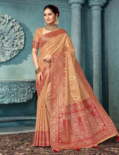 Peach silk saree with zari contrast border