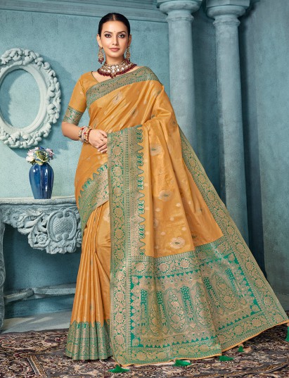 Mustard yellow silk saree with zari border