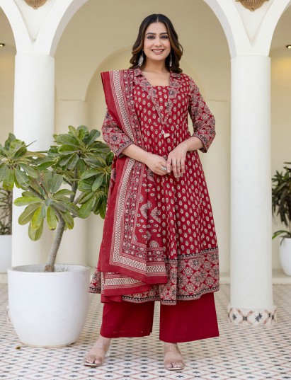 Dark brown cotton silk kurti set with print