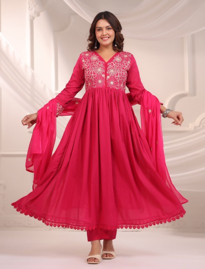 Rani pink embroidered bodice style kurti set