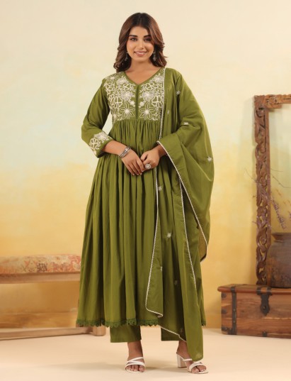 Mehendi green kurti set with embroidery and aabla