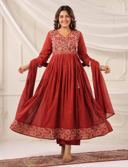 Maroon embellished georgette kurti set
