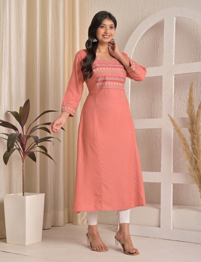 Peach yoke embroidered cotton silk casual kurti