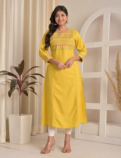 Yellow yoke embroidered cotton silk daily kurti