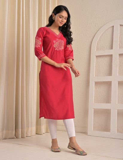 Red embroidered sequins silk v neck kurti