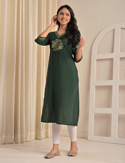 Green embroidered sequins silk casual kurti
