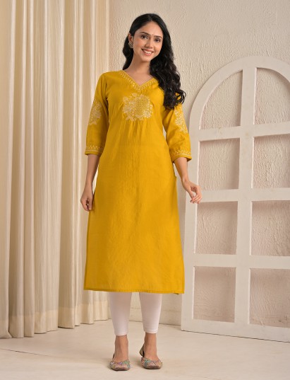 Mustard yellow embroidered sequins silk kurti