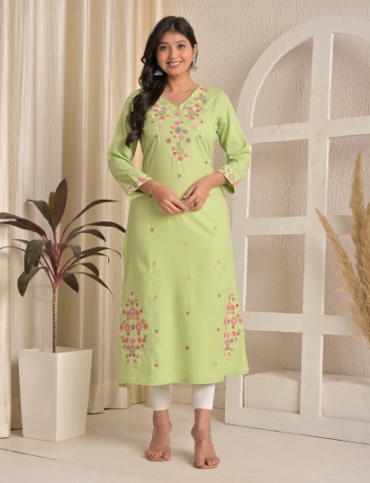 Pista green embroidered sequins silk kurti