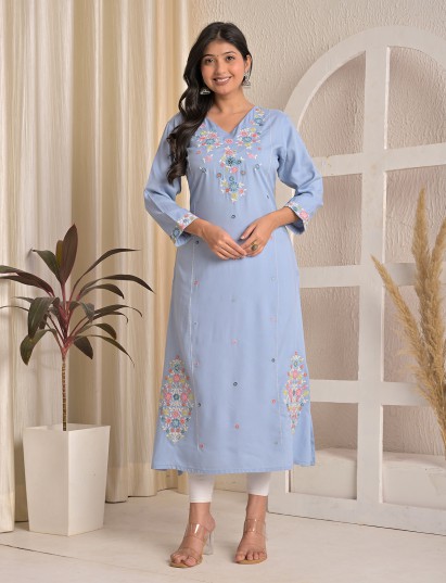 Light blue embroidered sequins silk casual kurti