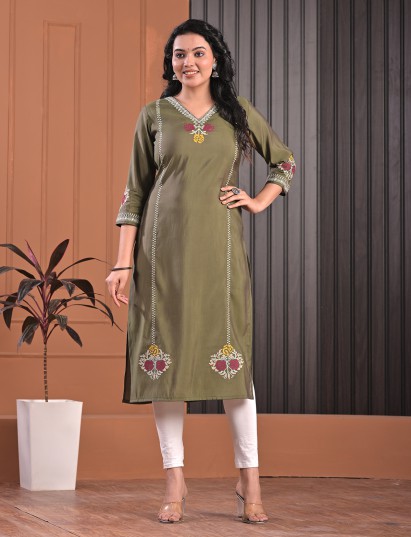 Mehendi green embroidered silk casual kurti