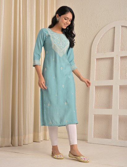 Sky blue yoke embroidered sequins silk kurti