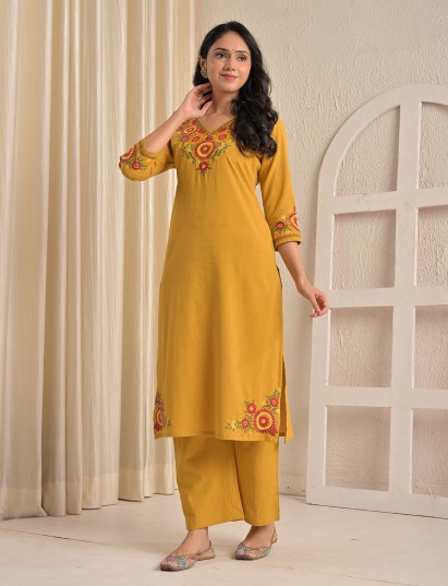 Mustard yellow straight cut embroidered silk kurti set